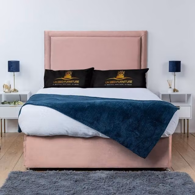 UK Bed Furniture Ascot Pink Velvet Divan Bed Base with 26 Inch Headboard, Double, W/D/H: 140 x 200 cm