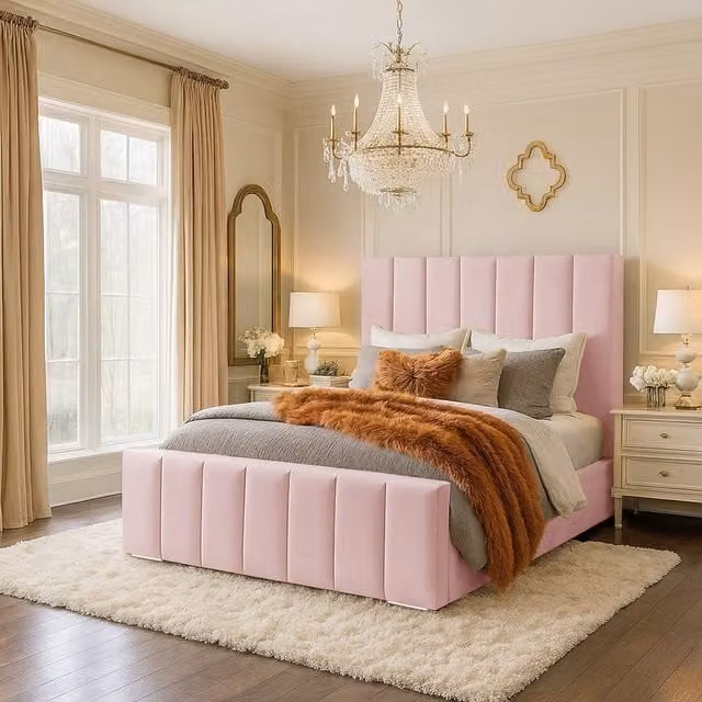 Desire Deco Clara Upholstered Velvet Bed Frame in Pink, W/D/H: 120 x 200 cm