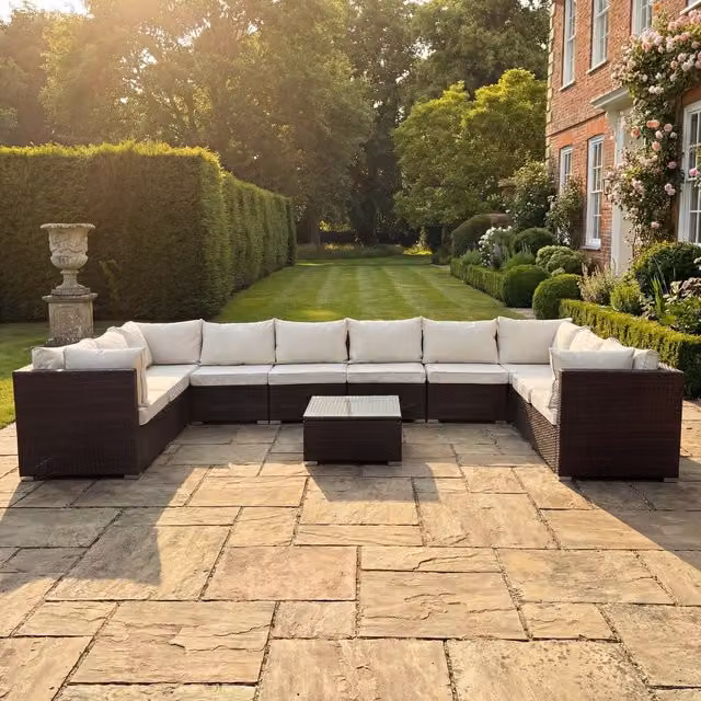 Artemis Home Oliena 10 Seat Modular Rattan Large U-Shape Garden Furniture Set in Cream and Brown
