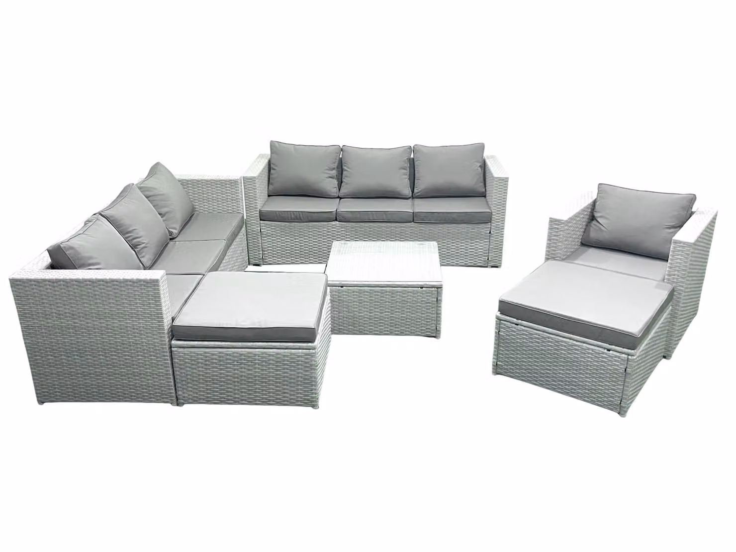 Fimous L-Shape Wicker PE Rattan Garden Furniture Set in Light Grey with Armchair, Square Coffee Table and 2 Footstools – 2