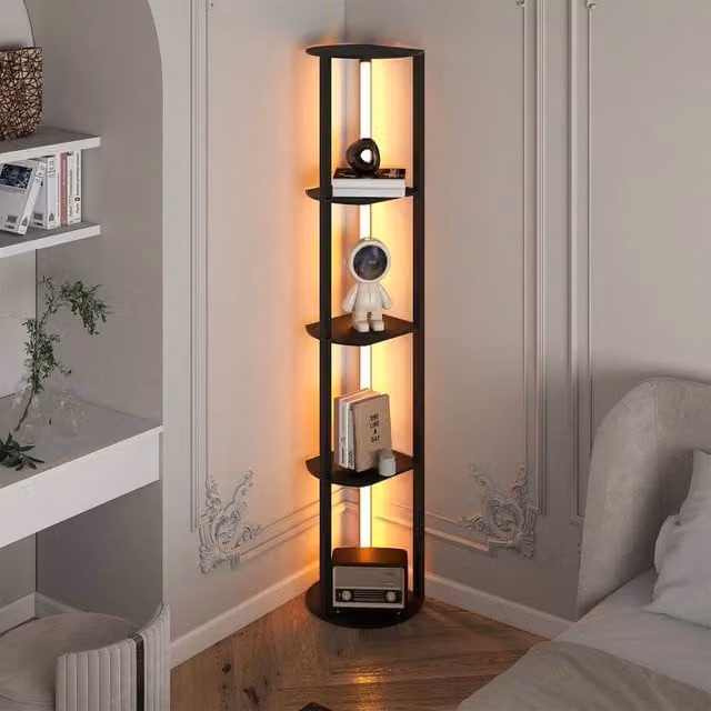 FORGEVIO Modern 4-Tier Wood Shelf Floor Lamp with LED in Black