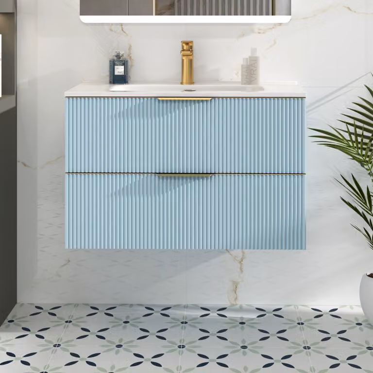 Royal Bathrooms Evora 800mm Powder Blue Fluted Wall Hung Vanity Unit with 2 Drawers, Ceramic Basin and Brushed Brass Handles