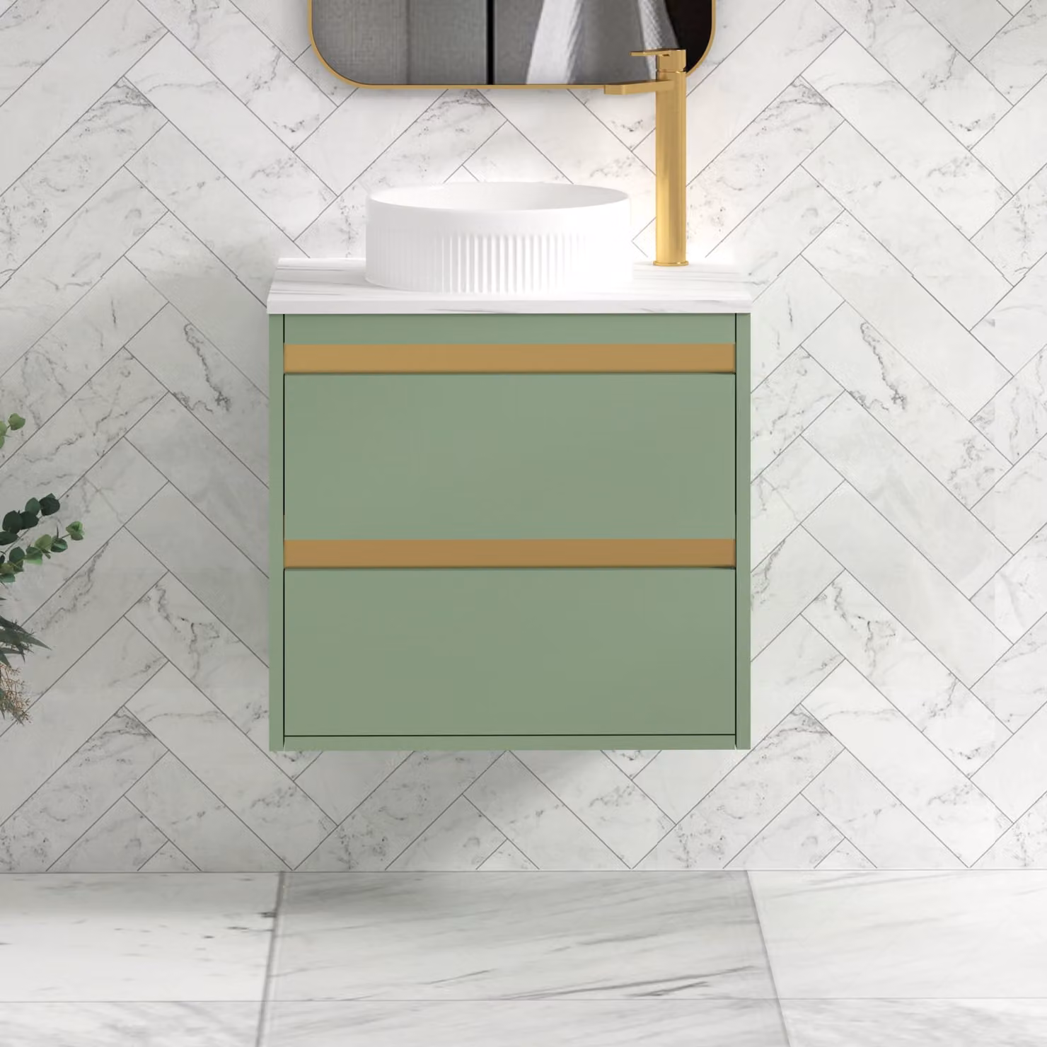 Royal Bathrooms Orion 800mm Mint Sage Wall Hung Countertop Vanity Unit with 2 Drawers, Round Basin and Brushed Brass Accent Trim