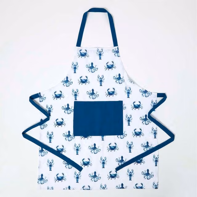Homescapes Blue Sea Animal Cotton Apron in Sea Blue and White
