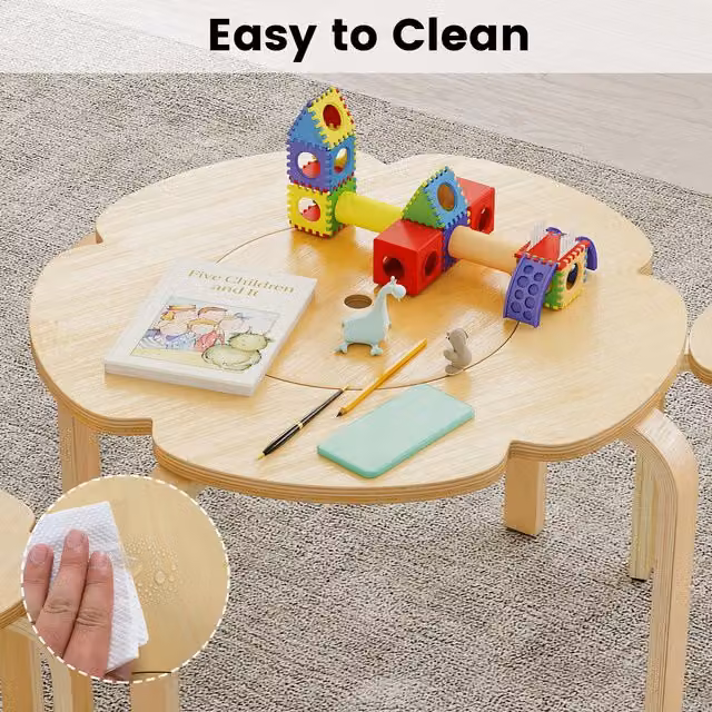 Costway Childrens Wooden Desk and Chairs Set in Brown and Beige