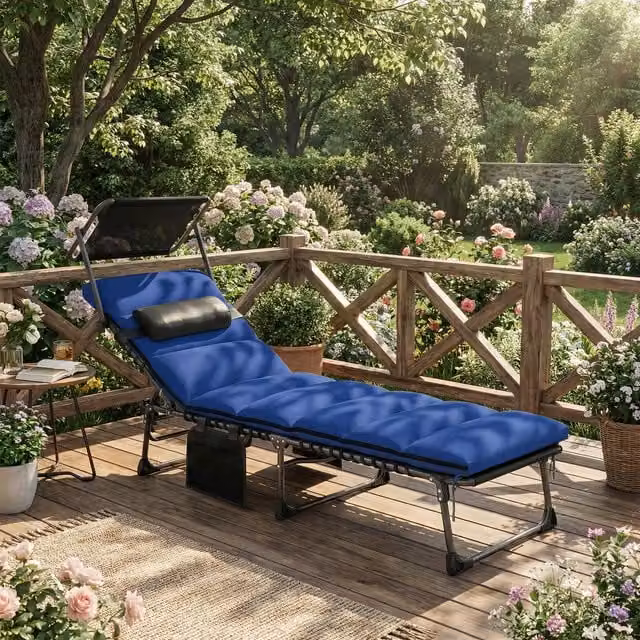 Outsunny Folding Sun Lounger with Canopy and Weatherproof Cushion in Blue