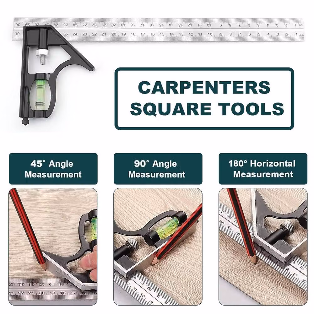 ATEK Square Ruler Tool Set with 300mm Scale and 45/90 Degree Bubble Level in Silver – 4