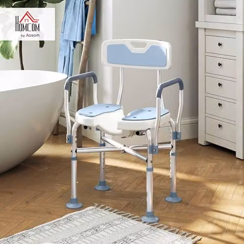 HOMCOM Padded Shower Chair with Hygiene Cut-Out Seat for Seniors, Blue, H 91.5 x W 53.0 x D 41.5 cm – 2