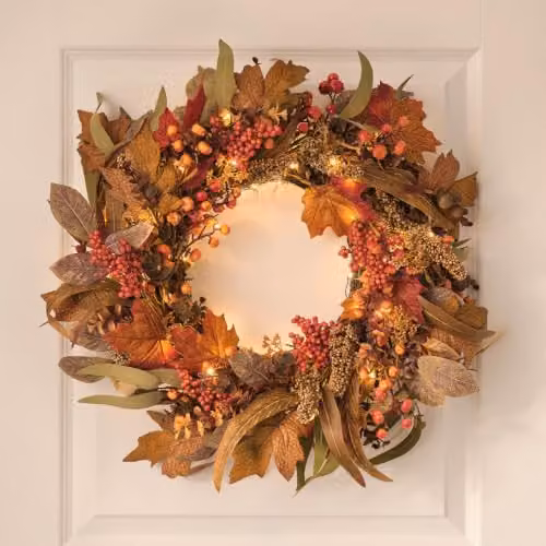 Lights4fun Pre Lit Maple Orchard Autumn Wreath in Red, Green and Multicolour, Diameter: 60 cm
