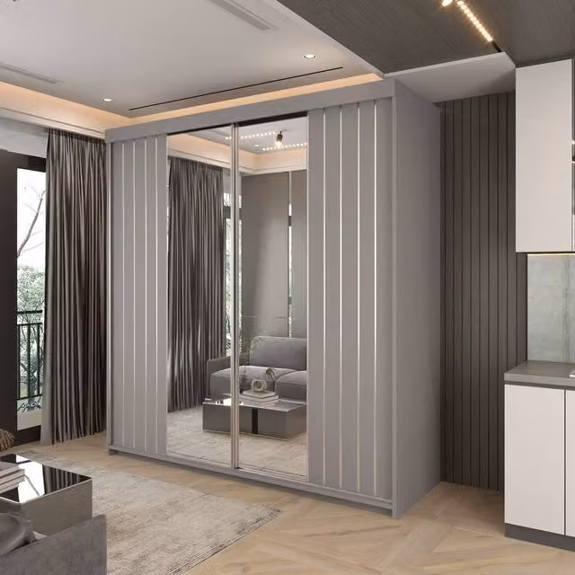 Sliding Wardrobes 4U Monali Grey Mirror Sliding Wardrobe with Internal Drawers and Shelves W: 150 cm, H: 217 cm, D: 62 cm