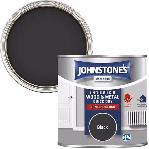 Johnstone's Quick Dry and Non Drip Gloss Paint for Wood and Metal, Black, 250ml