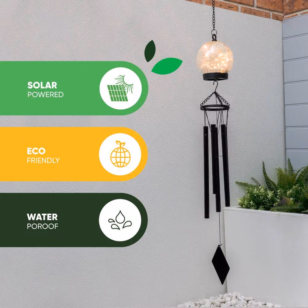 Gardenwize Solar Powered Black Crackle Glass Wind Chime with Warm White LED, Diameter: 12 cm – 4