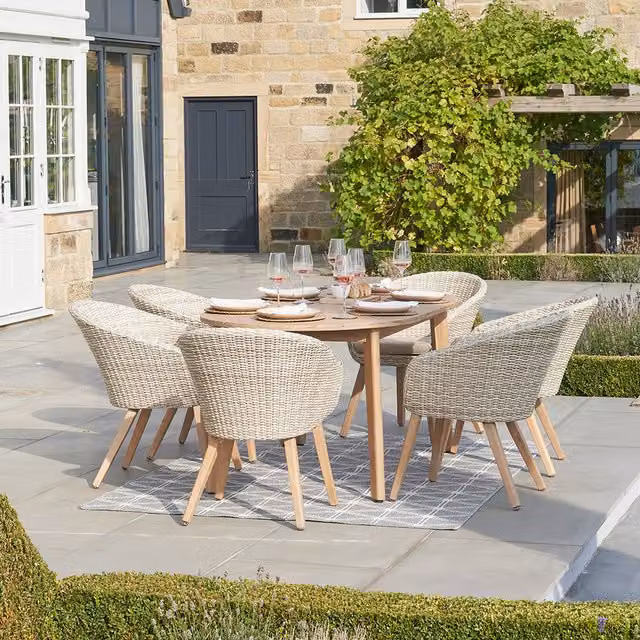 Pacific Lifestyle Modern 6 Seater Outdoor Dining Set in Natural Acacia Wood and Rattan, Brown and Beige