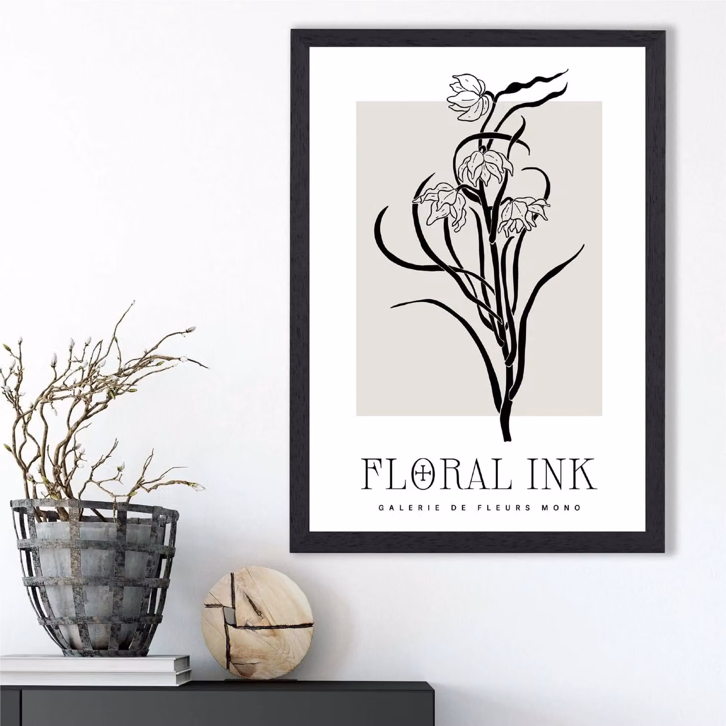 ARTZE Black and Beige Daffodils Floral Ink Sketch Framed Print – 2