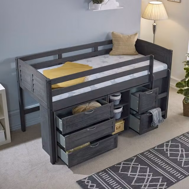 RELAXBy AMANI Grey Solid Pine Mid Sleeper Bed with Stairs and Drawers, 90x200 cm