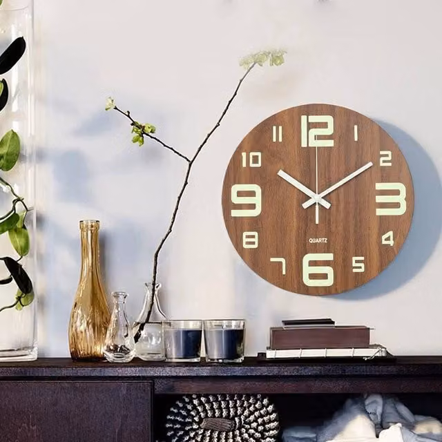 PAWNORA Round Luminous Analog Quartz Wall Clock with Arabic Numerals in Brown, Diameter: 30.48 cm