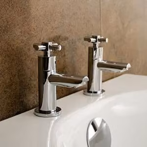 Nes Home Linden Chrome Cross Head Hot & Cold Basin Taps with Pop Up Waste and Silver Basin Waste – 1