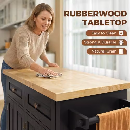 HOMCOM Black Kitchen Island on Wheels with Rubberwood Top and Spice Rack, W/D/H: 82.5 x 44.5 x 111 cm – 3