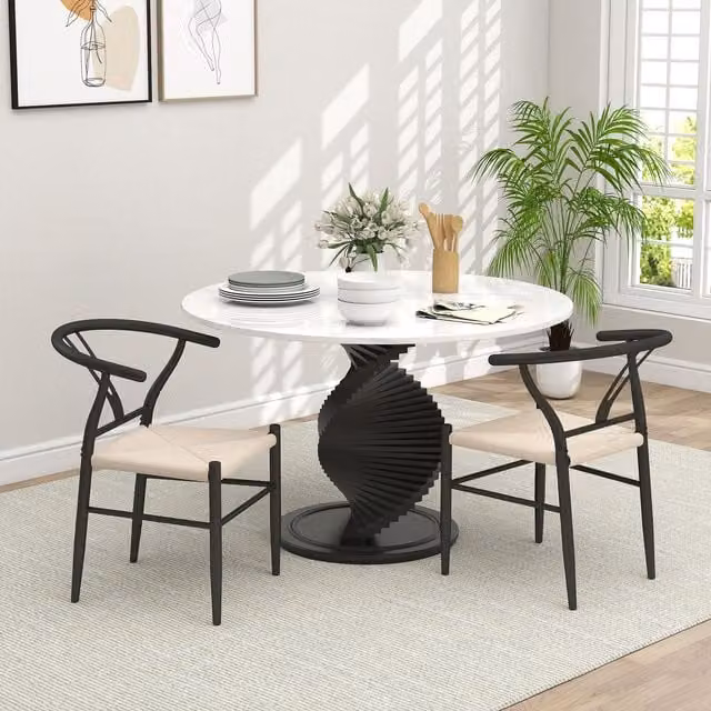 HOMCOM Set of 2 Mid-Century Dining Chairs with Y-Shaped Backrest and Black Paper Rope Woven Hemp Seats – 1