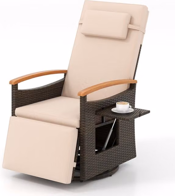 Costway Brown and Beige Rattan Outdoor Swivel Recliner Chair with Armrests and Side Tray