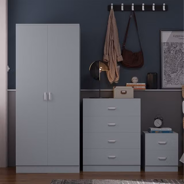 FWStyle Modern Tall 2 Door Double Wardrobe with Curved Metal Handles in Matt Grey