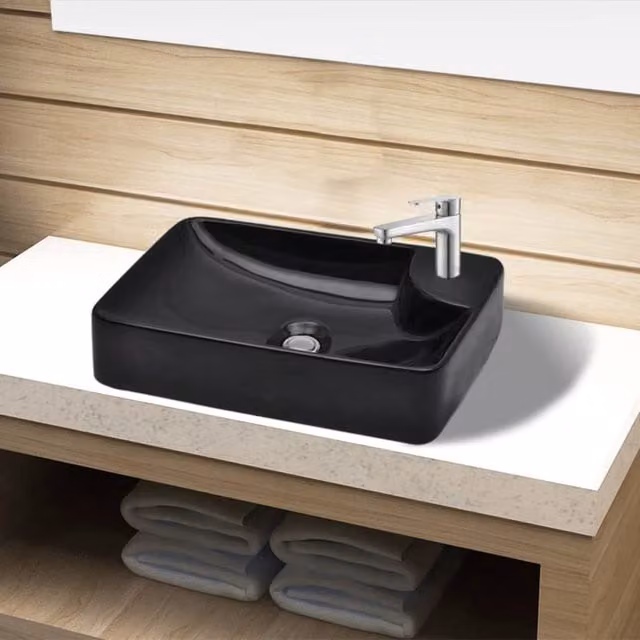 Berkfield Home Rectangular Ceramic Bathroom Sink Basin with Faucet Hole, Black – 1