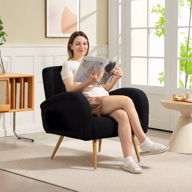 HOMCOM Teddy Fleece Upholstered Accent Armchair with Metal Legs in Black – 1