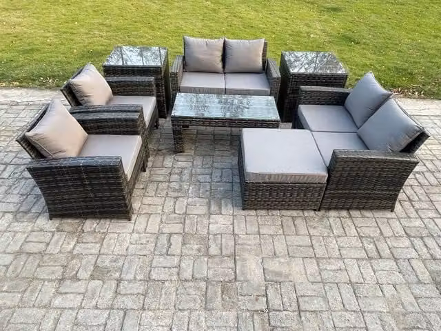 Fimous 7 Seater Dark Grey High Back Rattan Garden Furniture Set with Coffee Table and Love Seat