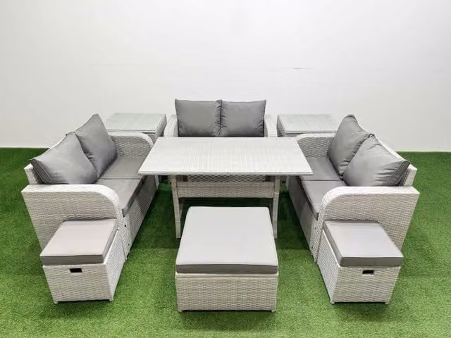 Fimous 9 Seater PE Wicker Rattan Garden Furniture Set in Light Grey with Rectangular Dining Table, 2 Seater Love Sofa, 3 Stools and 2 Side Tables