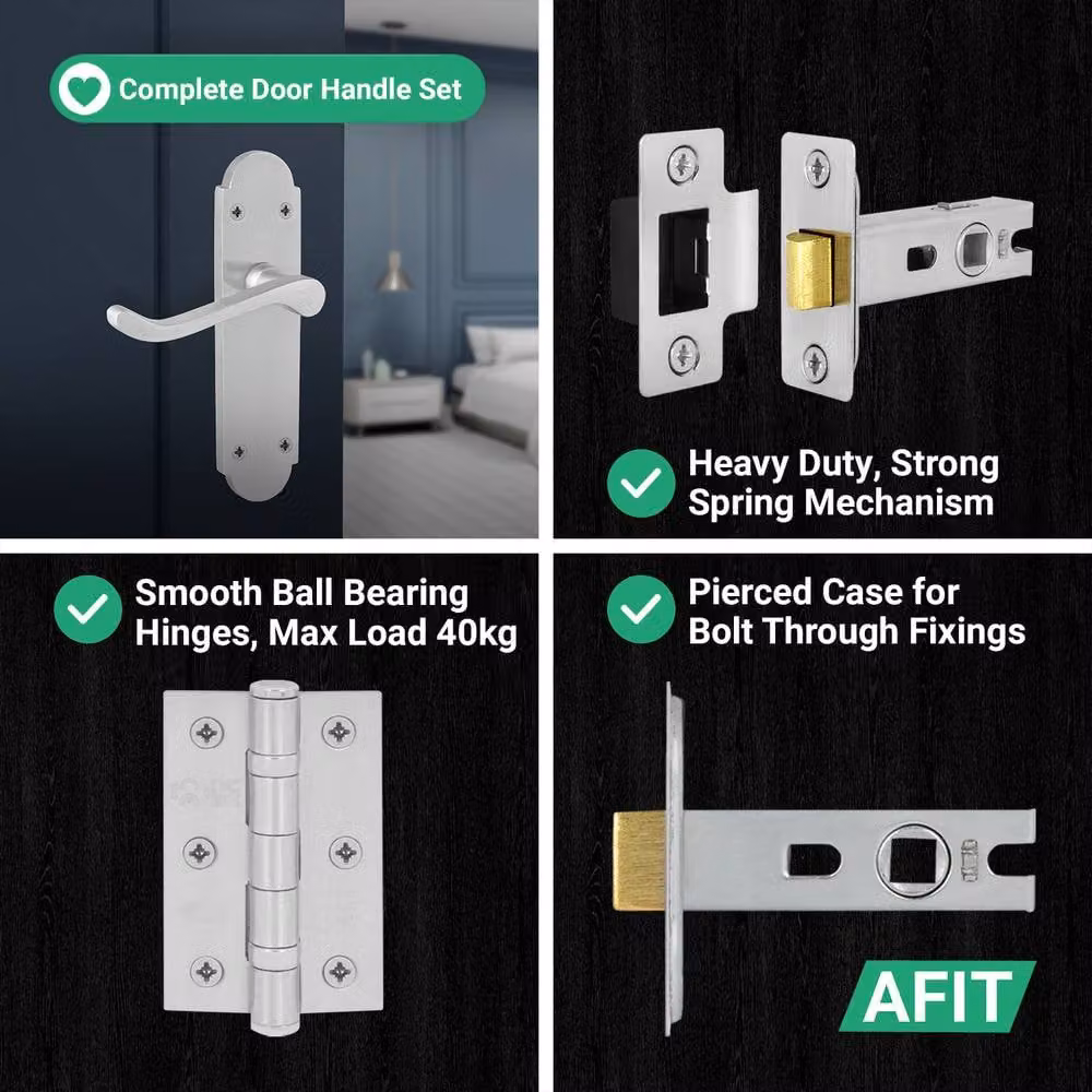 AFIT Satin Chrome Door Handle Latch Set with Silver Hinges, 6 Pairs, Size: 150 x 150 mm – 3