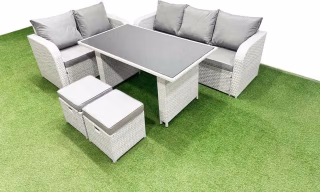 Fimous Garden Furniture Set with Rectangular Dining Table and 2 Small Stools in Light Grey