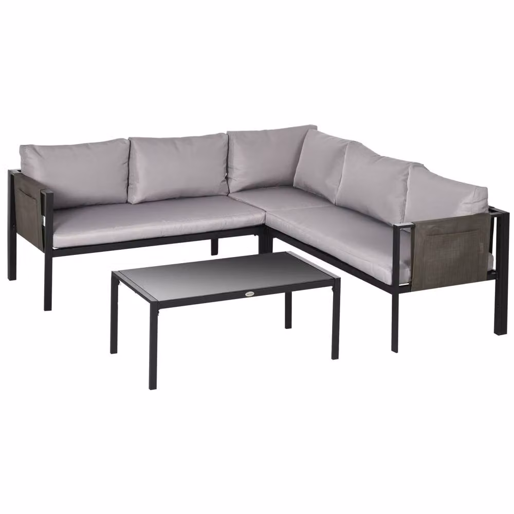 Wyld Haus Sera 5 Seater L-Shaped Garden Corner Sofa Set in Light Grey with Tempered Glass and Steel Frame – 2