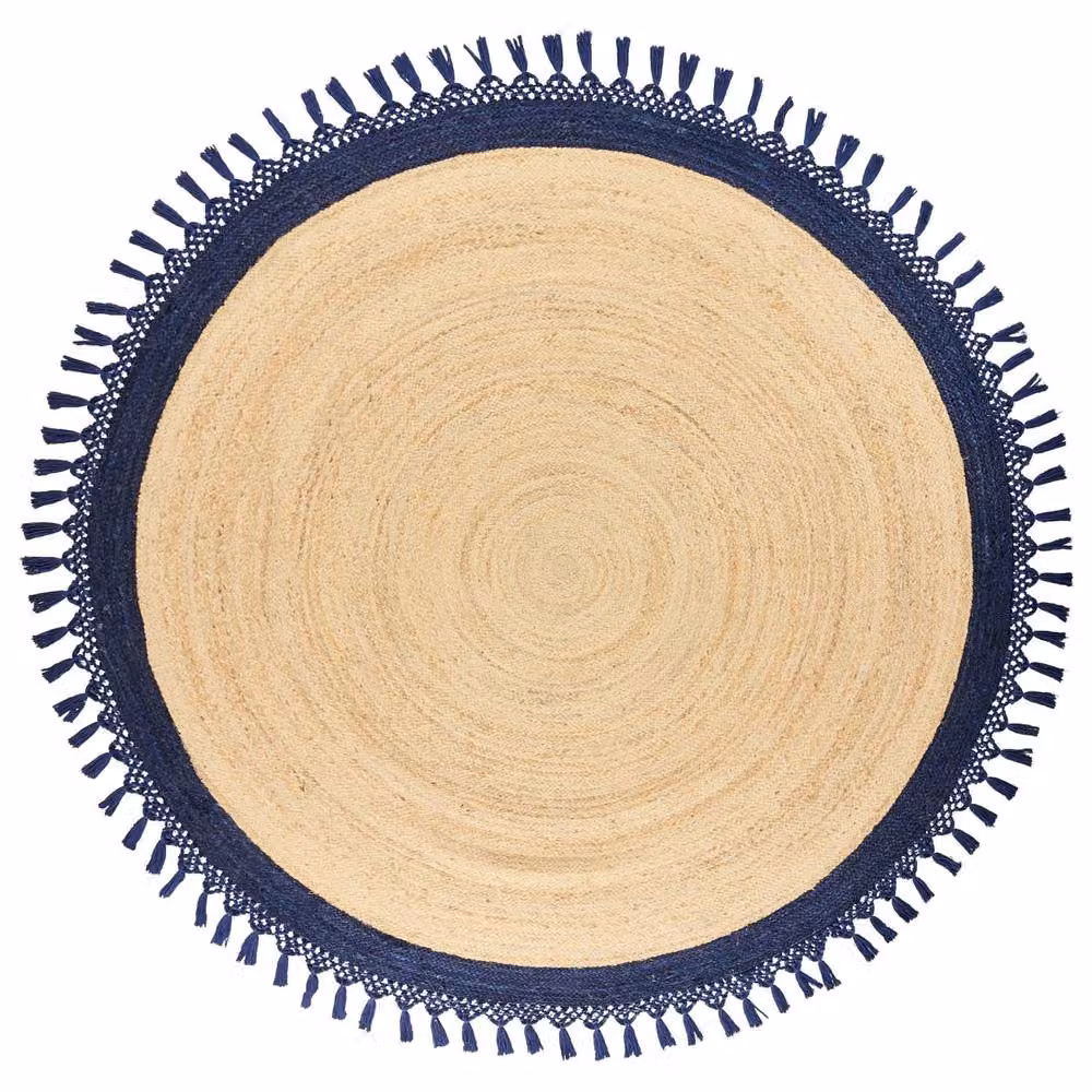 Wyld and Coco Round Jute and Cotton Boho Rug in Beige and Blue, Diameter: 200 cm – 2