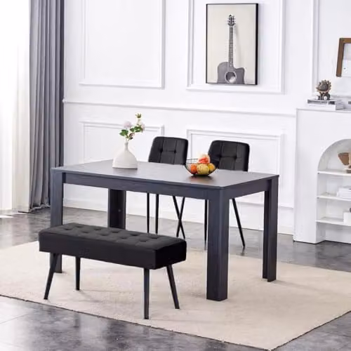 KOSY KOALA Modern Dining Set with Rectangular Dark Grey Table, 2 Black Velvet Chairs and 1 Velvet Bench, W/D/H: 140 x 80 x 75 cm – 4