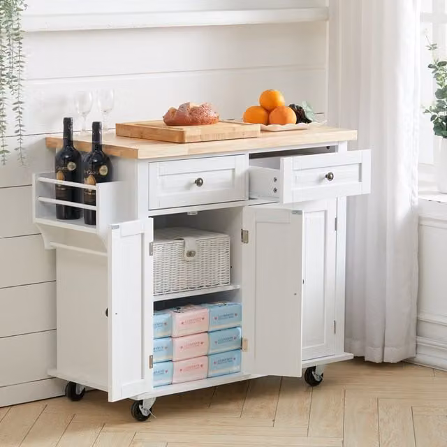 Livingandhome Modern 4-Door Wheeled Kitchen Trolley in White Matt MDF and Pine Wood