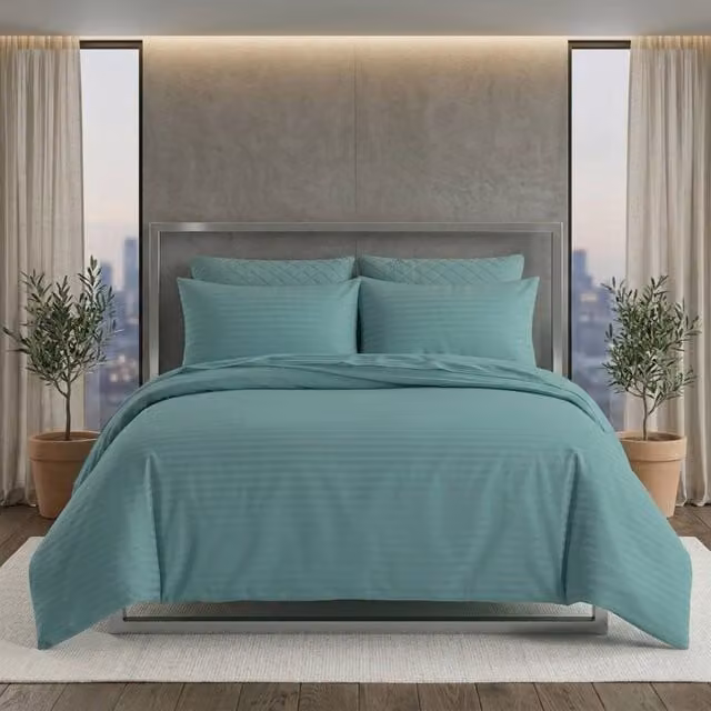 Snug City Luxury Satin Stripe Cotton Rich Duvet Cover Set in Turquoise, Size: 200 x 200 cm – 1