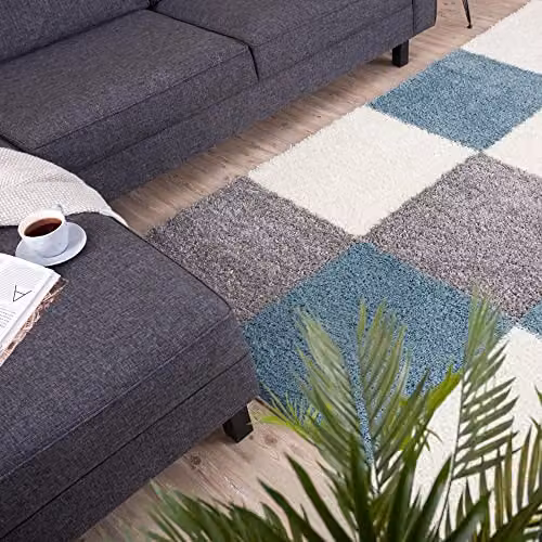 THE RUGS Modern Checked Shaggy Area Rug in Blue and Grey, W/D/H: 160 x 230 x 1 cm – 5