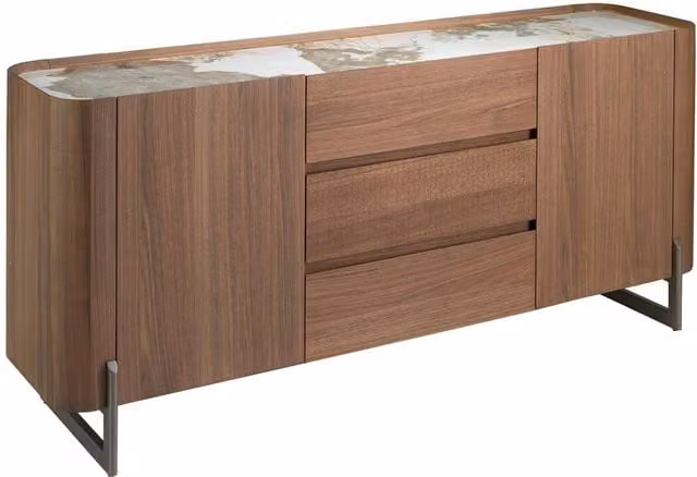 Angel Cerda Walnut Sideboard with Porcelain Marble Top in Brown, White and Grey, W/D/H: 180 x 45 x 80 cm