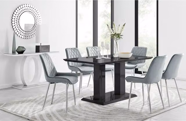 FurnitureboxUK Imperia 6-Person Black Dining Table and 6 Pesaro Silver Leg Chairs Set in Grey