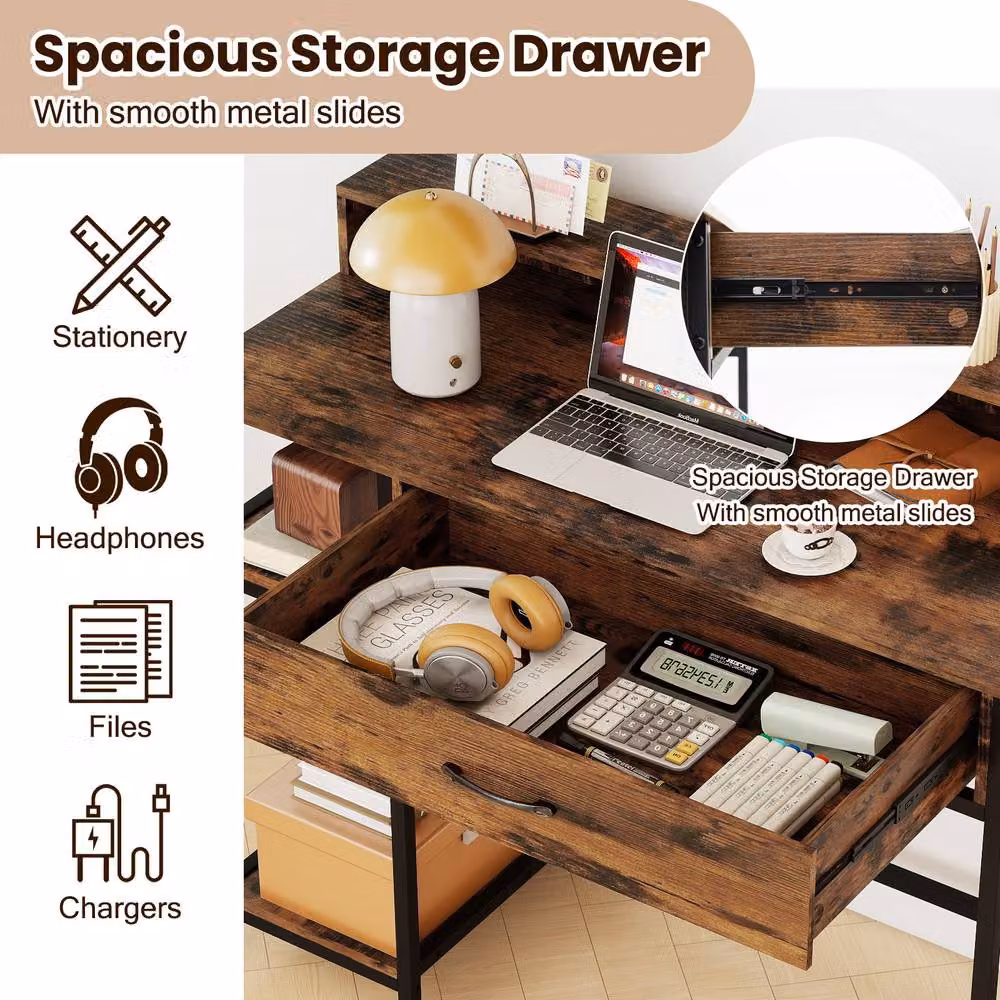Costway Modern Wooden Computer Desk with Shelf in Brown – 4