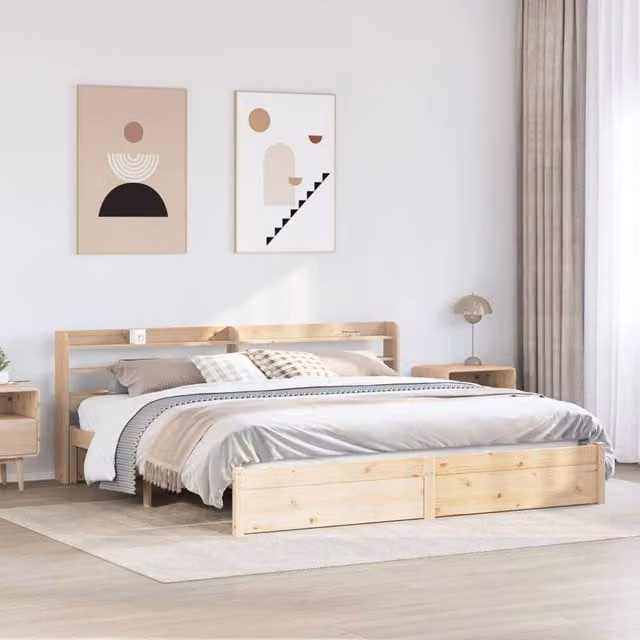 Berkfield Home Rustic Brown Solid Wood Bed Frame with Headboard, Side Compartments and USB Charging Port, W/D/H: 200 x 200 cm