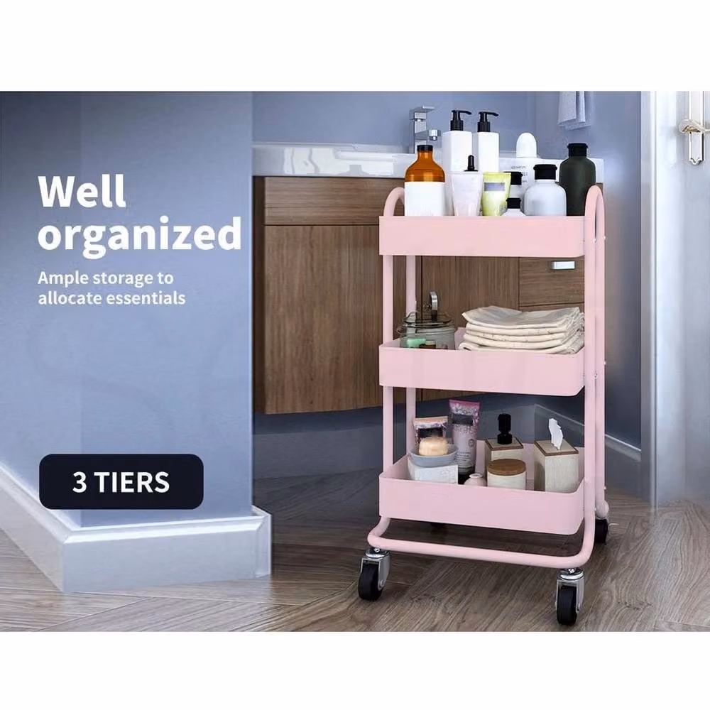 KORVIXA 3 Tier Metal Kitchen Trolley Cart in Pink – 3