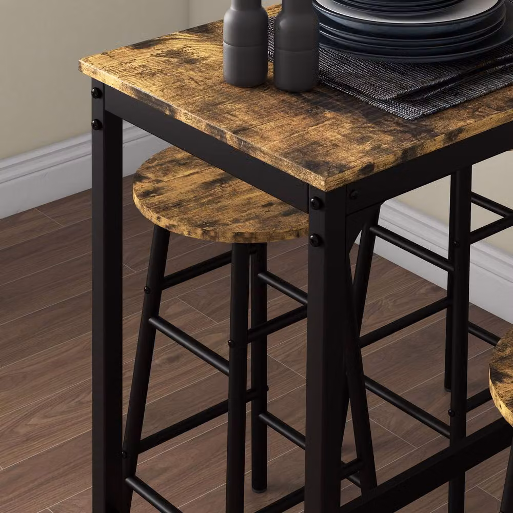 STILVORA Industrial Bar Table Set with 4 Stools in Brown and Black Wood and Metal – 7
