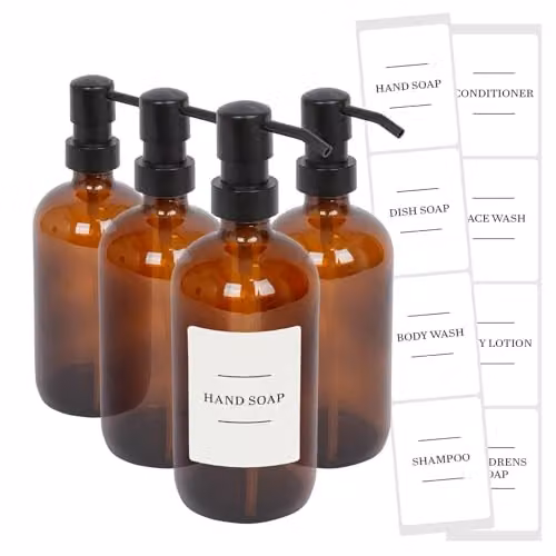 Harbour Housewares Pack of 4 Amber Glass Soap Dispensers with Black Pumps and White Labels, 500ml each – 1