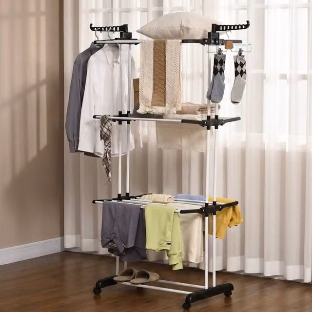 STILVORA 4-Tier Metal Clothes Drying Rack with Wheels and Hooks in Black and White – 1