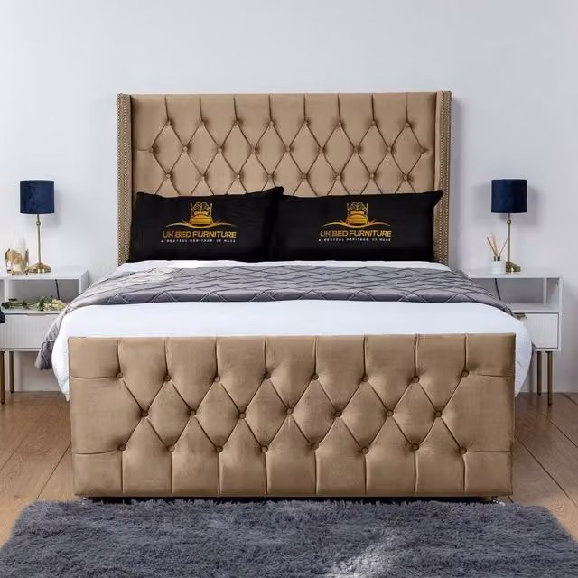 UK Bed Furniture Emily Wingback Divan Bed with 54 Inch Diamond Headboard in Beige Velvet, Super King, W/D/H: 200 x 200 cm