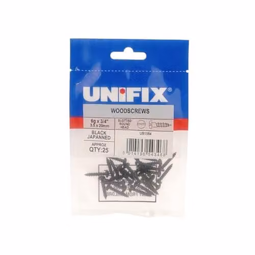 Unifix Black Japanned Slotted Round Head Woodscrews, 10G, W: 0.5 cm, D: 0.5 cm, H: 3.0 cm