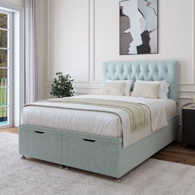 Bedmaster Linen Ottoman Divan Base and Button Headboard in Blue, W/D/H: 140 x 200 cm