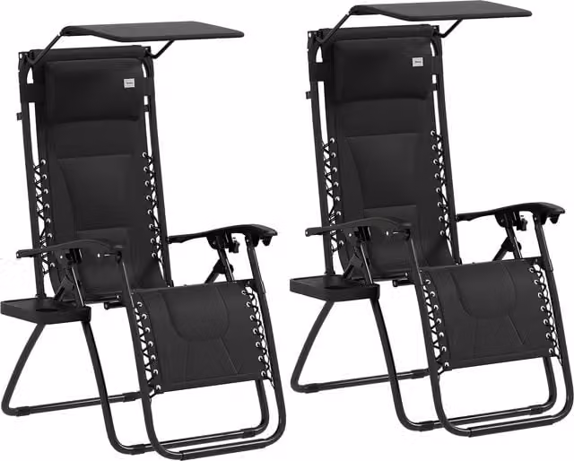 Outsunny Set of 2 Zero Gravity Lounger Chairs in Black with Cup Holders, Adjustable Headrest and Sun Canopy