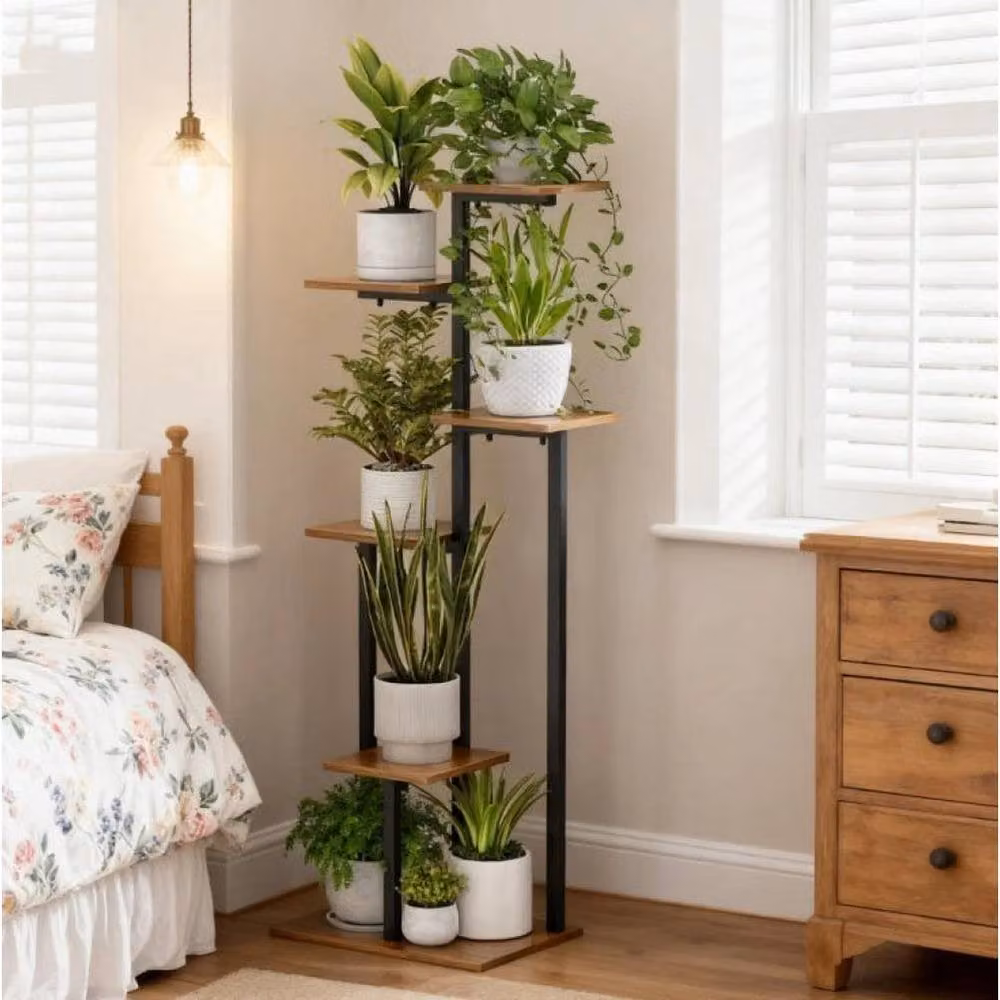 EONLION Vintage Brown Metal and Wood Plant Stand for Indoor and Outdoor Use, Height: 100 cm – 5